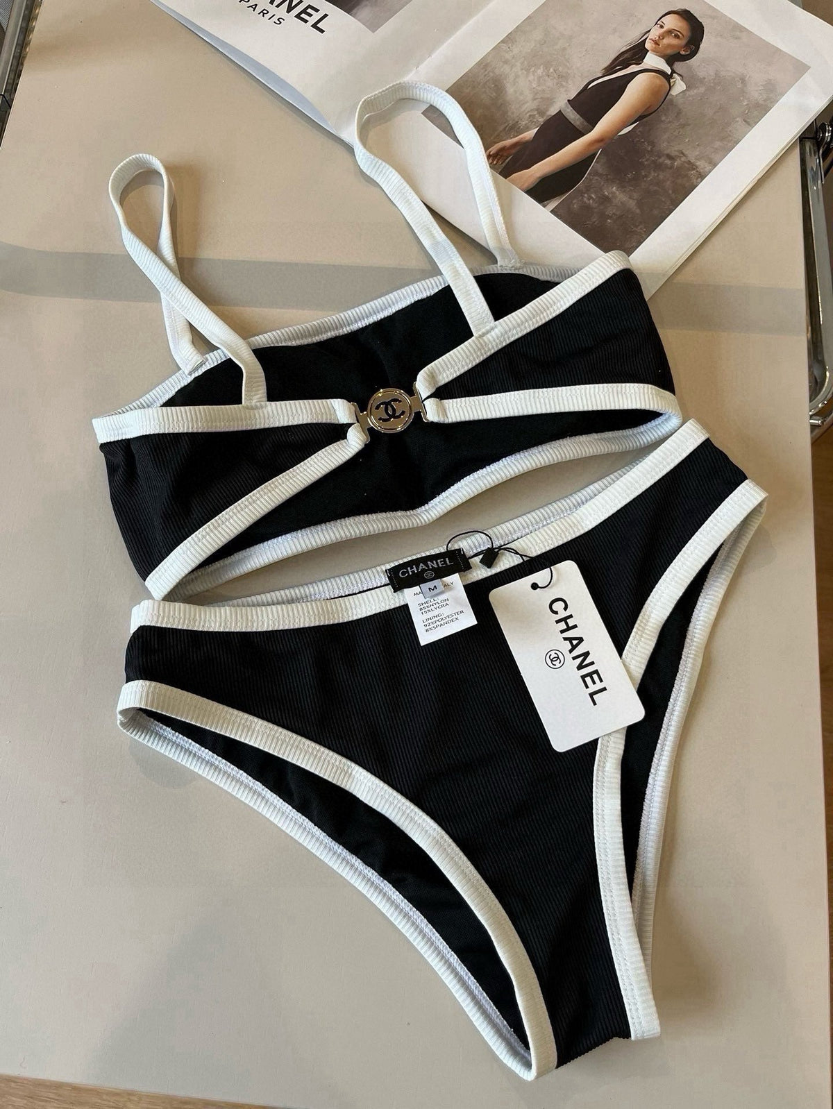 CC BIKINI SWIMSUIT SET IN BLACK AND WHITE TRIM 633212