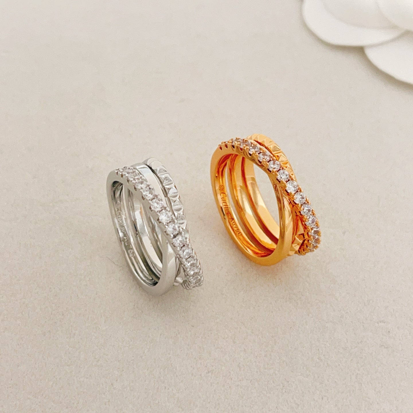 Cartier Silver Diamond-Set Triple-Band Stud Ring
