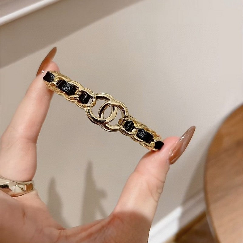 18K Chanel Black Leather Cuff Bracelet