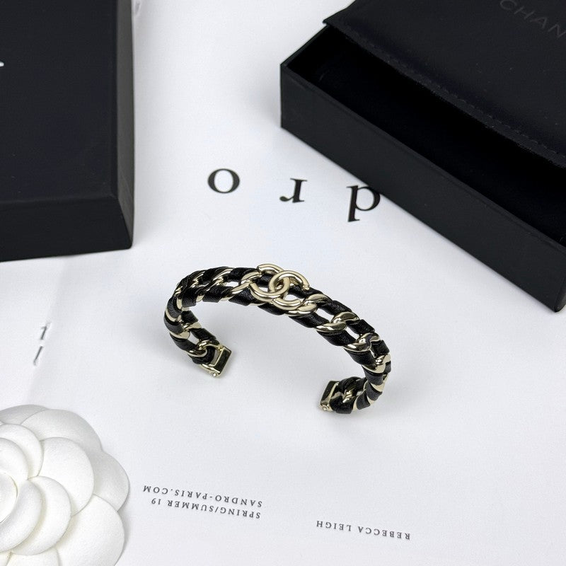 18K Chanel 26C Black Leather Cuff Bracelet
