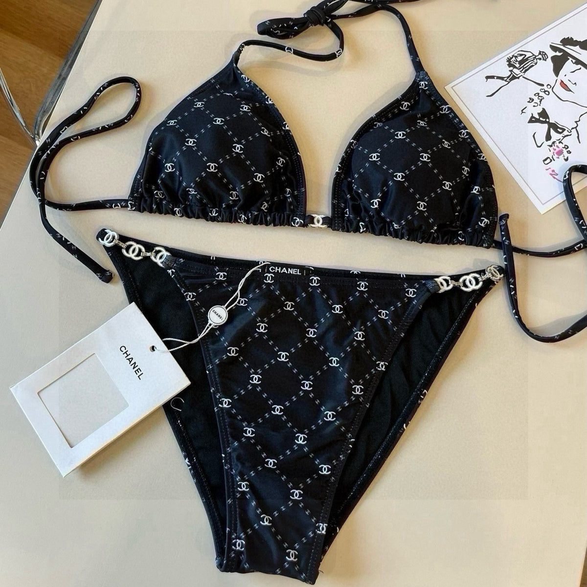 CC BIKINI SWIMSUIT SET IN BLACK AND WHITE PLAID 629230