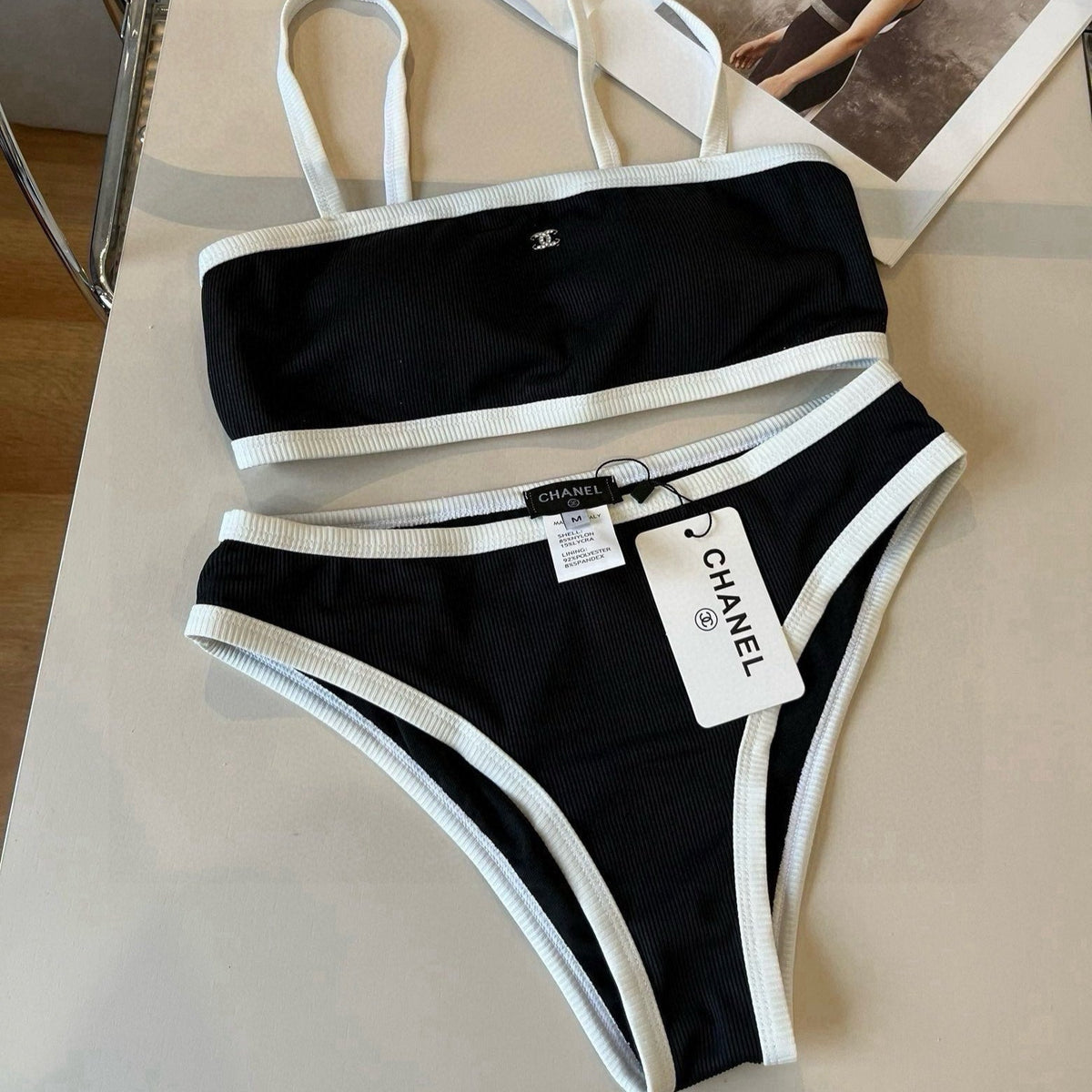 CC BIKINI SWIMSUIT SET IN BLACK AND WHITE TRIM 633212
