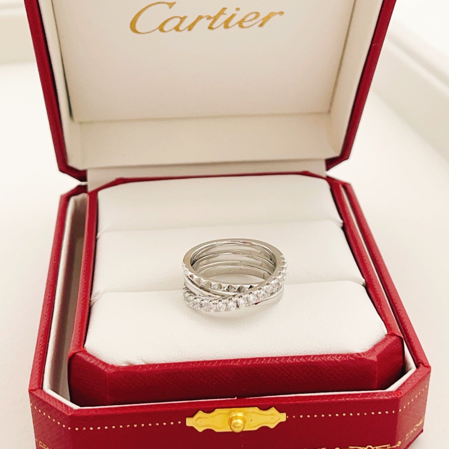 Cartier Silver Diamond-Set Triple-Band Stud Ring