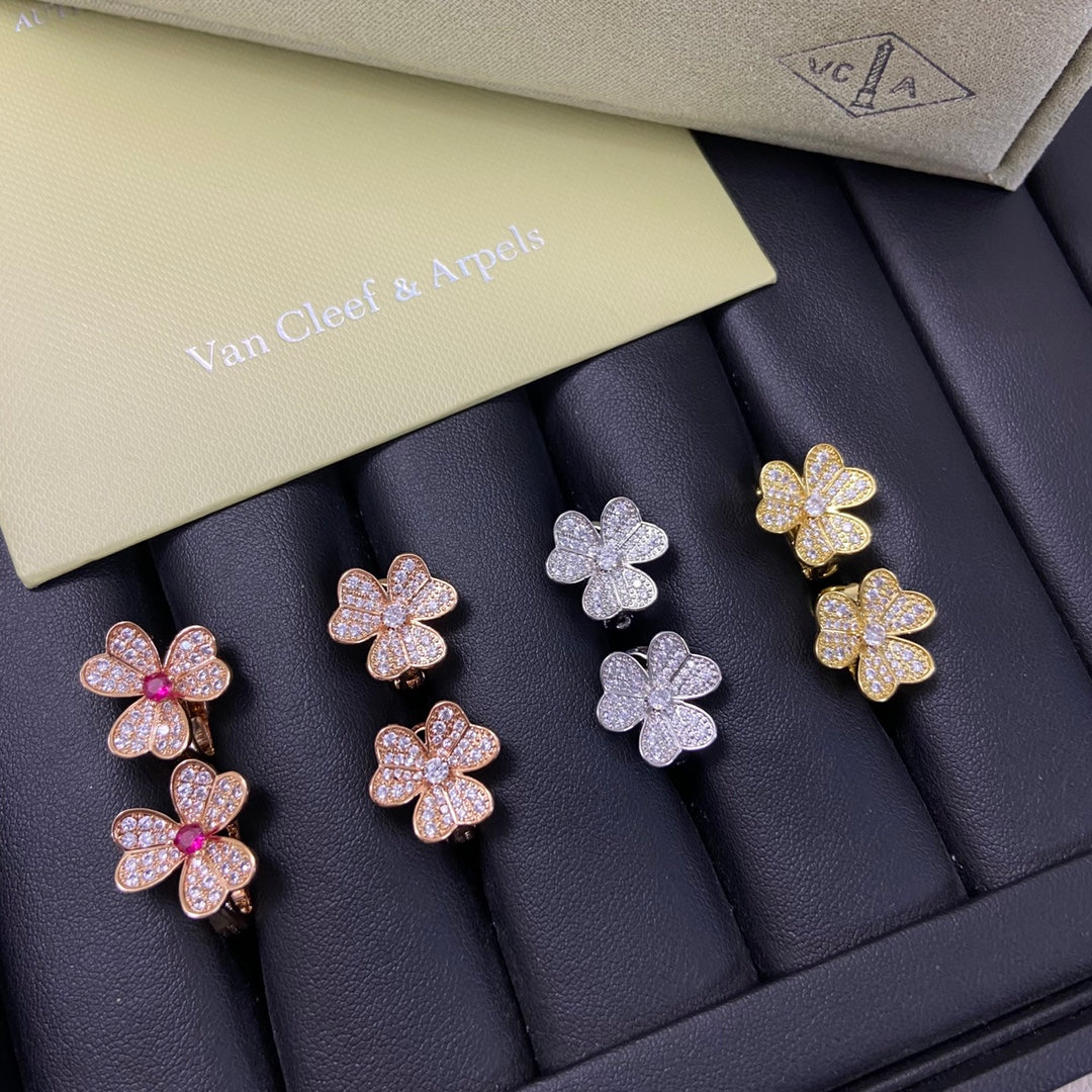 Van Cleef & Arpels Style Three-Flower Full-Diamond Earrings