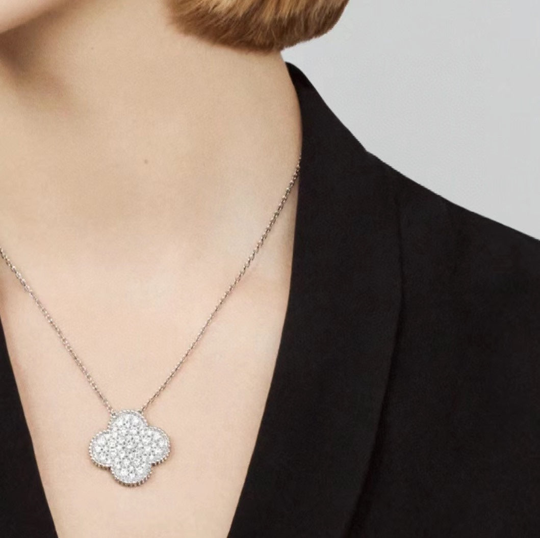 Van Cleef & Arpels Style Pavé-Set Clover Necklace