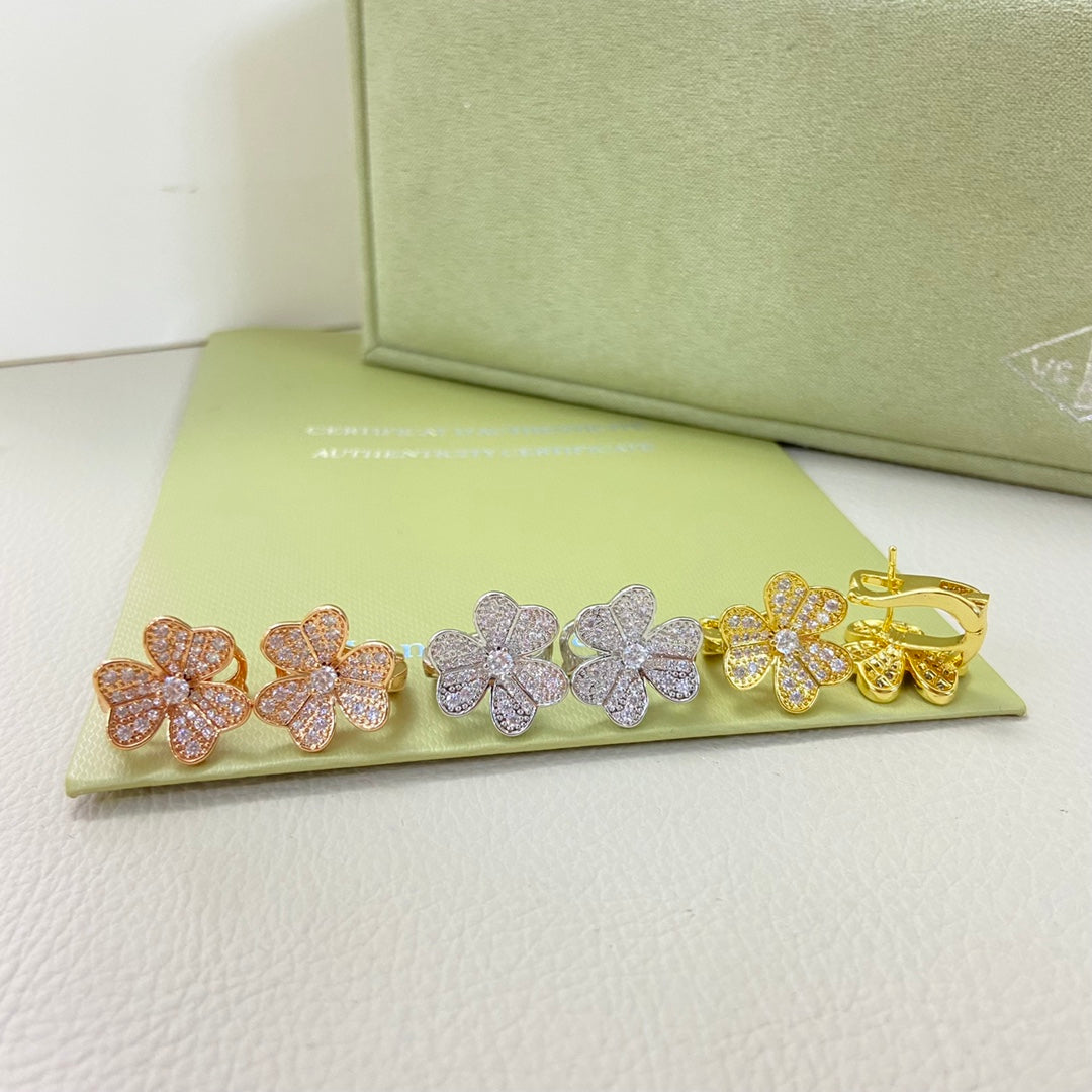Van Cleef & Arpels Style Three-Flower Full-Diamond Earrings