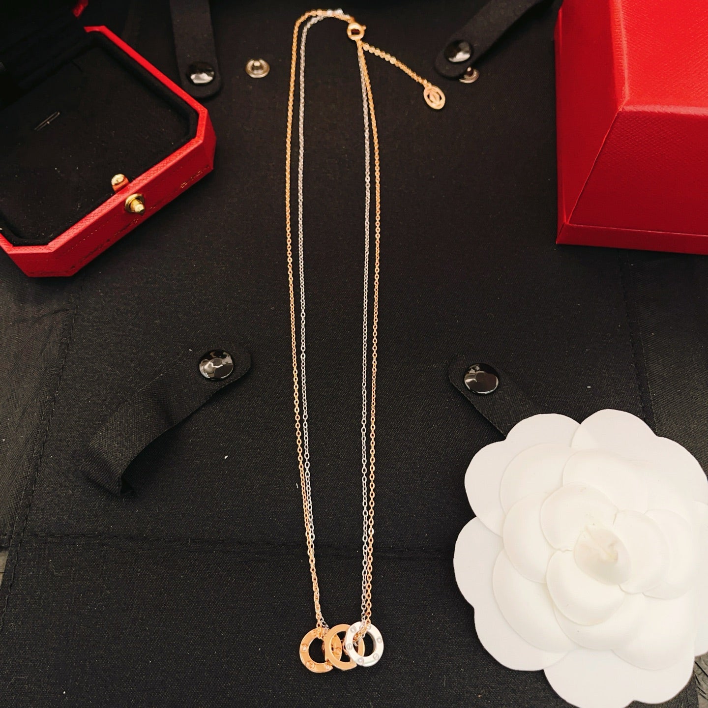 Cartier Double-Chain Necklace with Triple-Ring Pendant