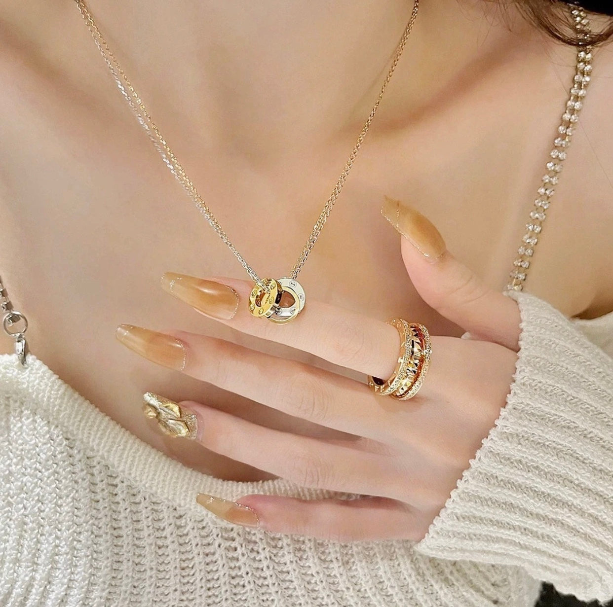 Cartier Double-Chain Necklace with Triple-Ring Pendant