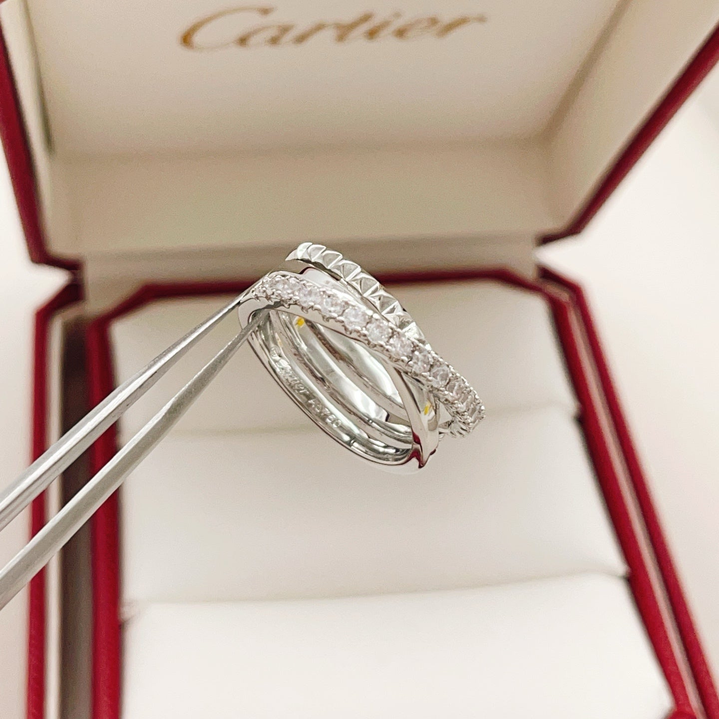 Cartier Silver Diamond-Set Triple-Band Stud Ring