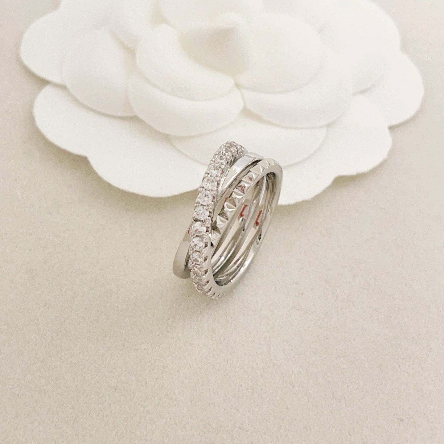 Cartier Silver Diamond-Set Triple-Band Stud Ring